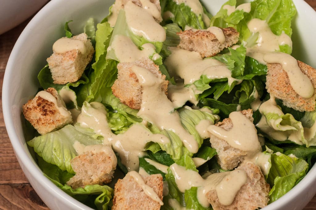 Closeup of picture of bowl of Vegan Caesar Salad