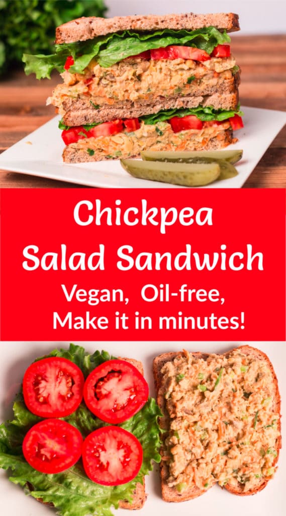 Pinterest pin image with chickpea salad sandwich photos