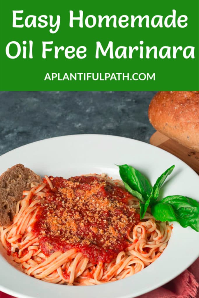 Bowl of pasta with oil free marinara and Pinterest title
