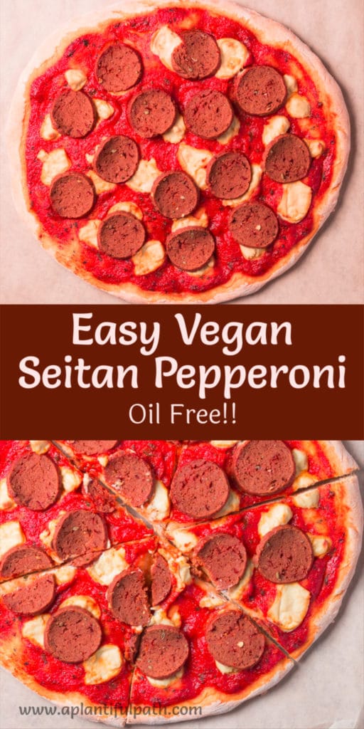 Pinterest Image for Vegan Pepperoni with two images of pepperoni pizza