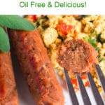 Photo of vegan breakfast sausages and tofu scramble, bite of sausage on a fork, and Pinterest title
