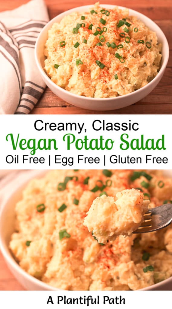 Two images of potato salad with Pinterest title between them