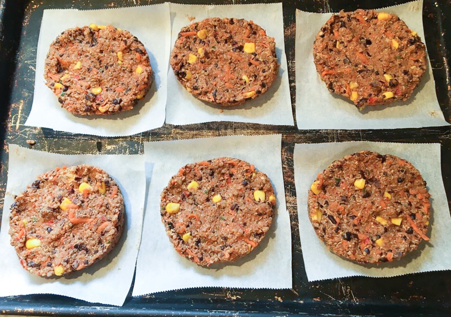 Quinoa and Black Bean burger patties ready to bake