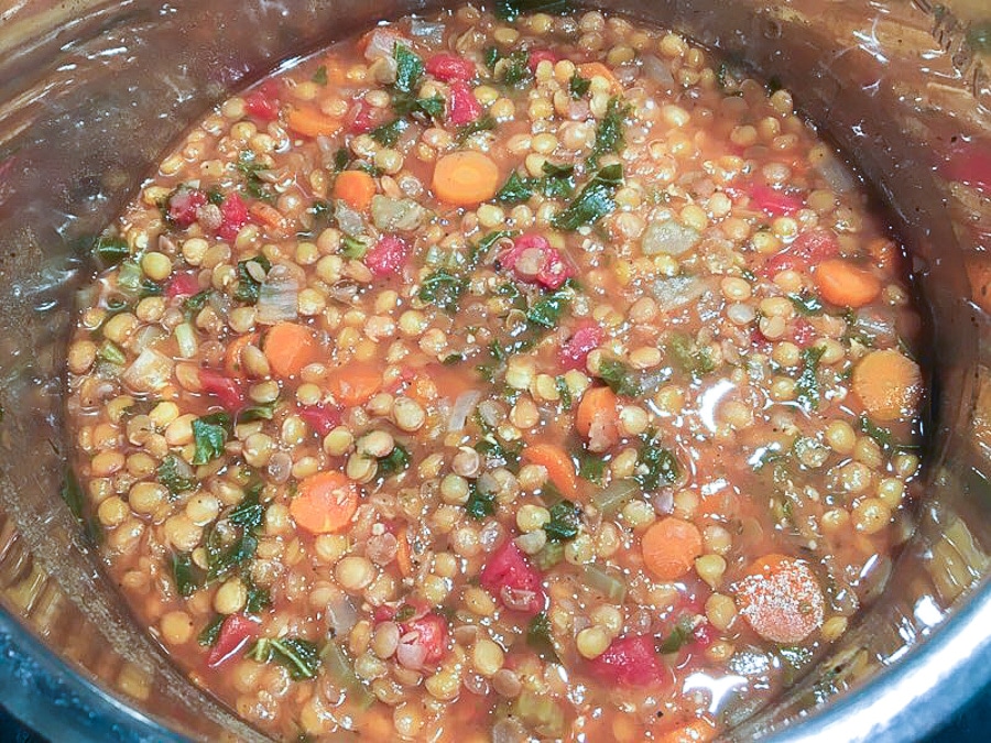 Lentil soup in the pressure cooker after cooking