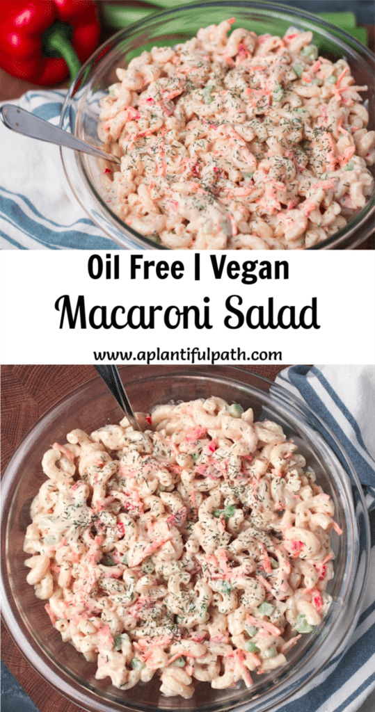 Two photos of vegan macaroni salad with pinterest title between them