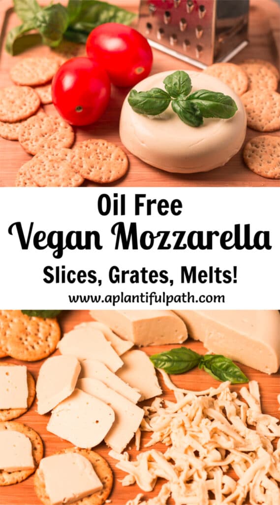 Pinterest pin image with two photos of vegan mozzarella and text in between