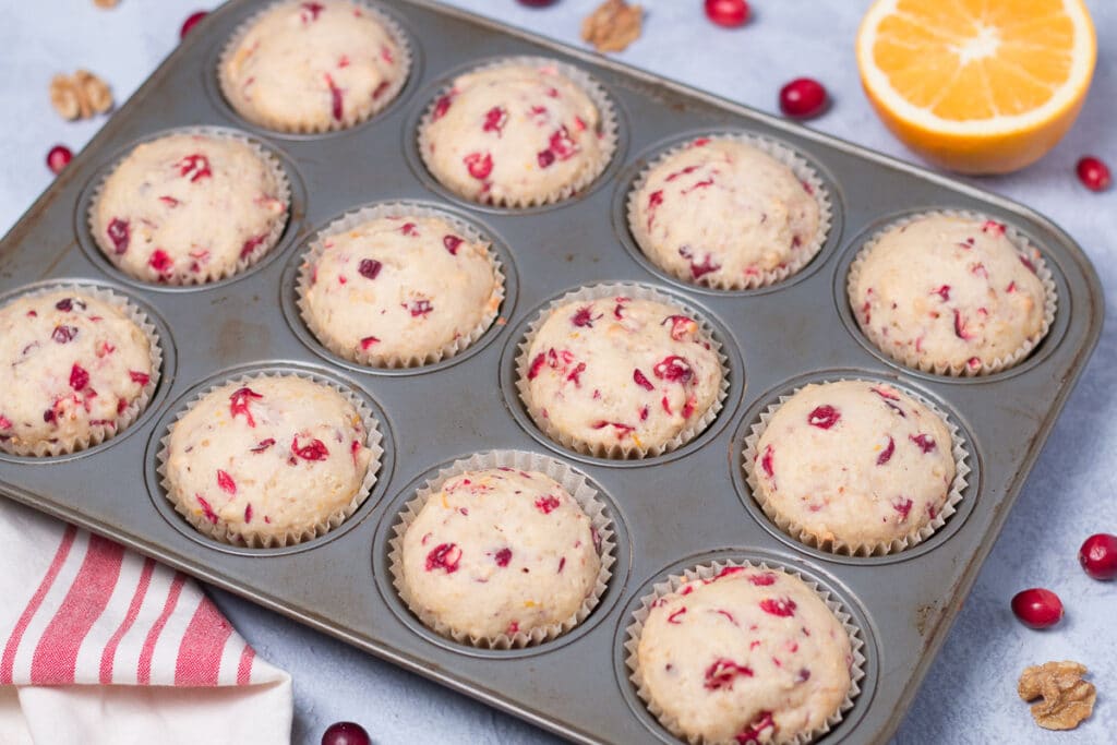 Cranberry muffins in muffin pan