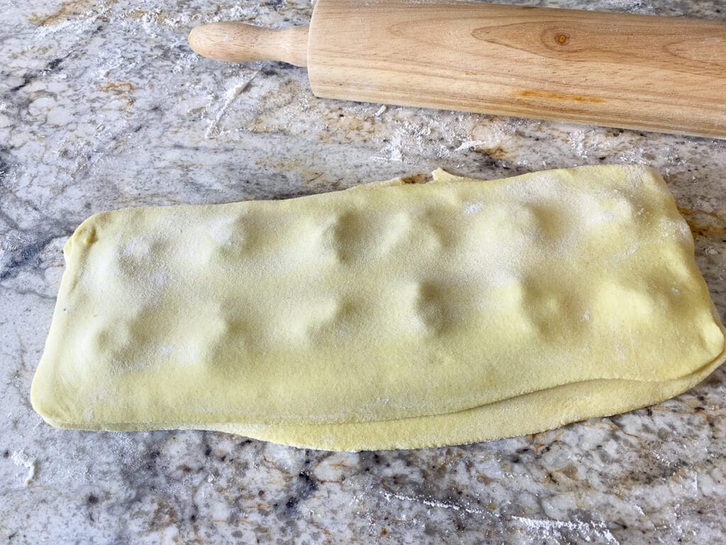 Top layer of pasta dough added to ravioli mold