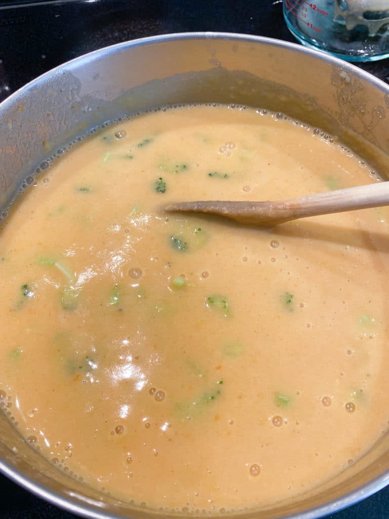 Pot of broccoli cheddar soup