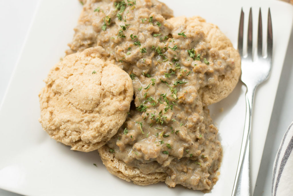 Closeup photo of biscuits and gravy