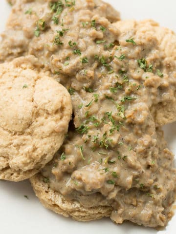 Closeup photo of biscuits and gravy