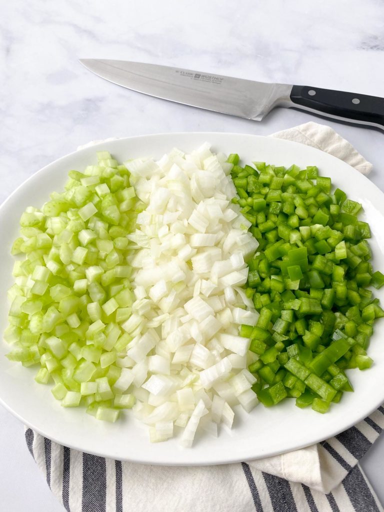 Plate with diced celery, onion, and green pepper