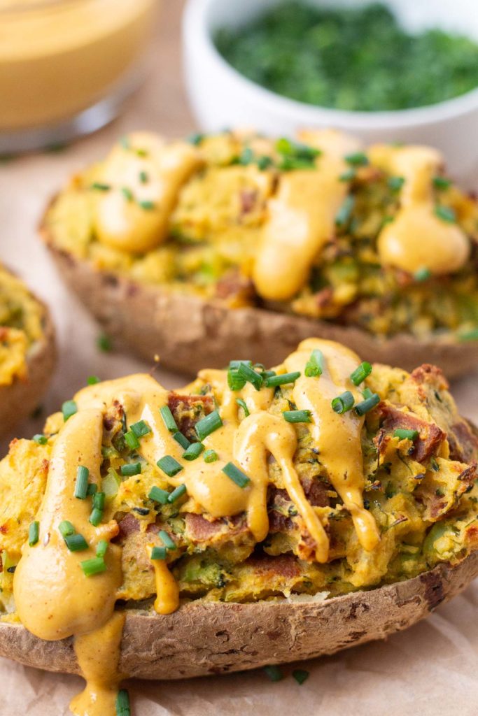 Closeup image of vegan twice baked potatoes.