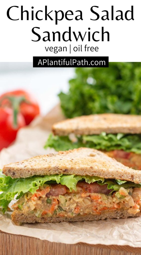 Image of chickpea salad sandwich with Pinteret title above it.