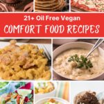 Several photos of vegan comfort food dishes with Pinterest text.