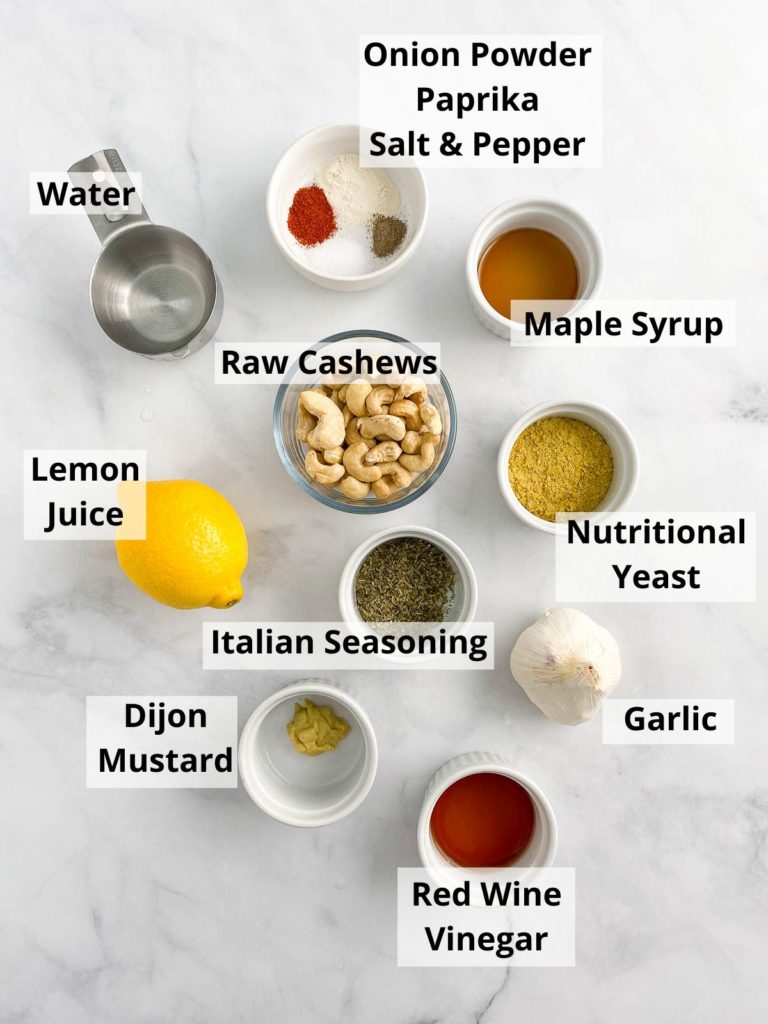 Labeled ingredients for vegan creamy Italian dressing