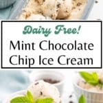 Two images of vegan mint chocolate chip ice cream with Pinterest text in between.