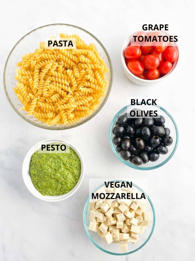 Ingredients for vegan pesto pasta salad.