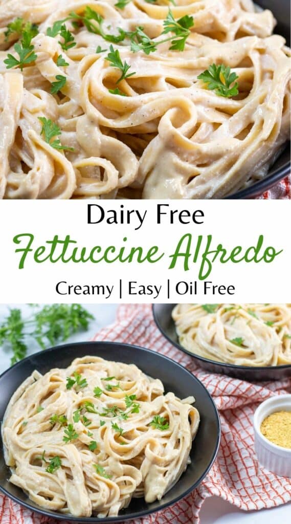 Two images of fettuccine alfredo with pinterest text between them.