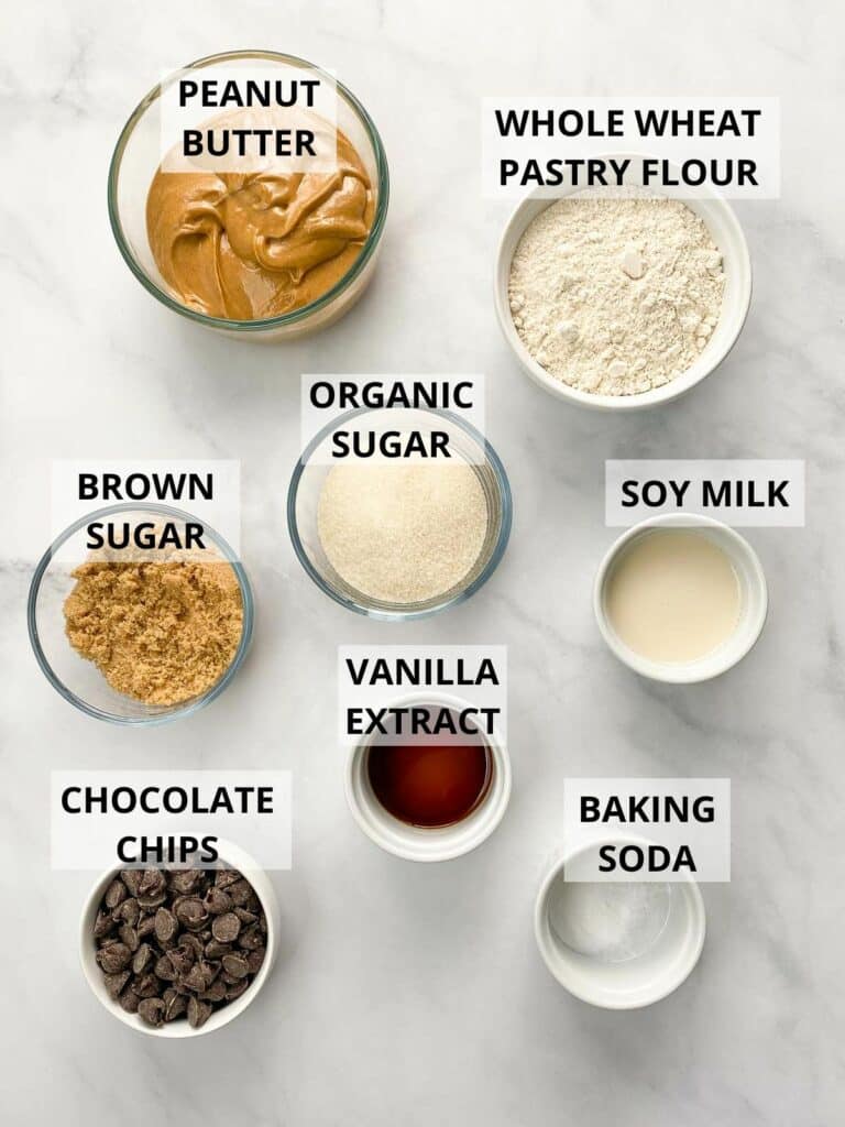 Ingredients for vegan peanut butter chocolate chip cookies.