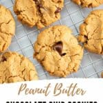 Image of peanut butter chocolate chip cookies on a cooling rack with Pinterest text.
