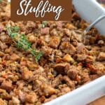 Image of vegan stuffing with Pinterest text overlay.