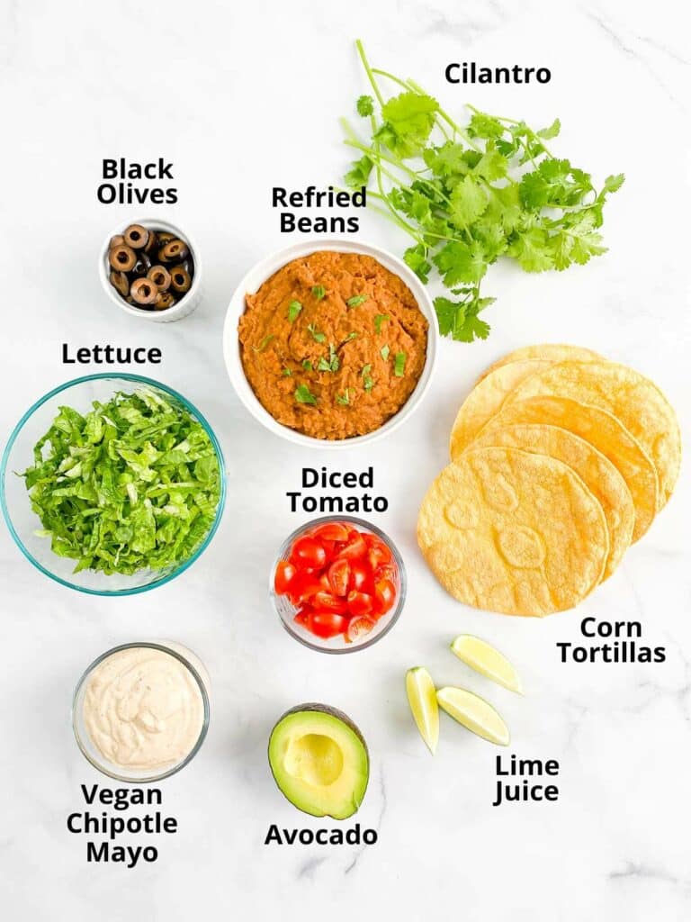 Labeled ingredients for vegan tostadas.