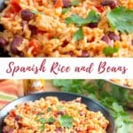 Two images of Spanish rice and beans with Pinterest text.