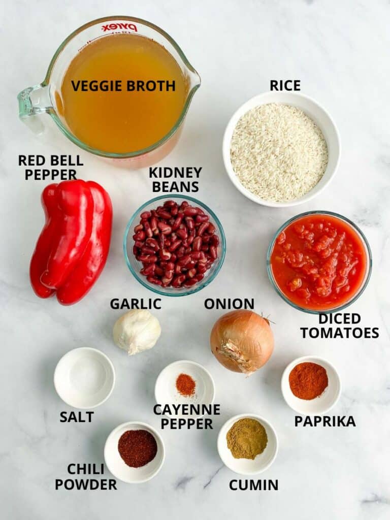 Labeled ingredients for Spanish beans and rice.