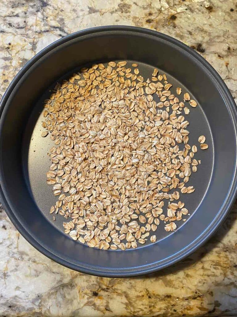 Baked oats in a baking pan.