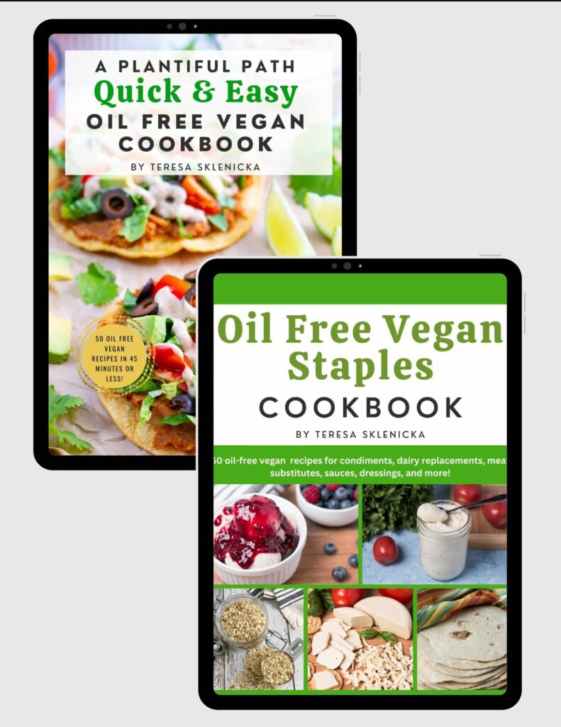 Book cover images for Oil Free Vegan Staples Cookbook and Quick & Easy Oil Free Vegan Cookbook.