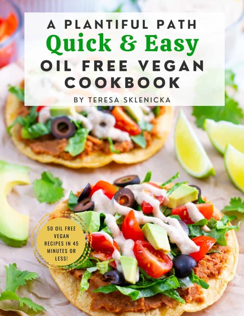 Image of cover of Quick & Easy Oil Free Vegan Cookbook with image of tostadas.