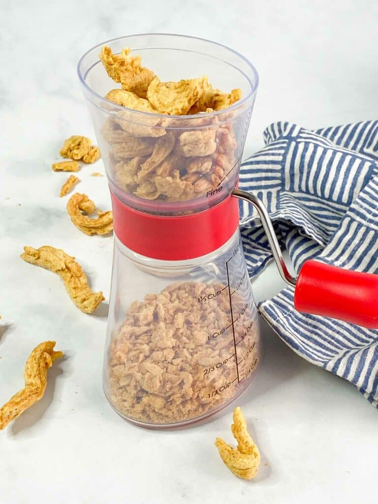 Nut chopper with unchopped and chopped soy curls.