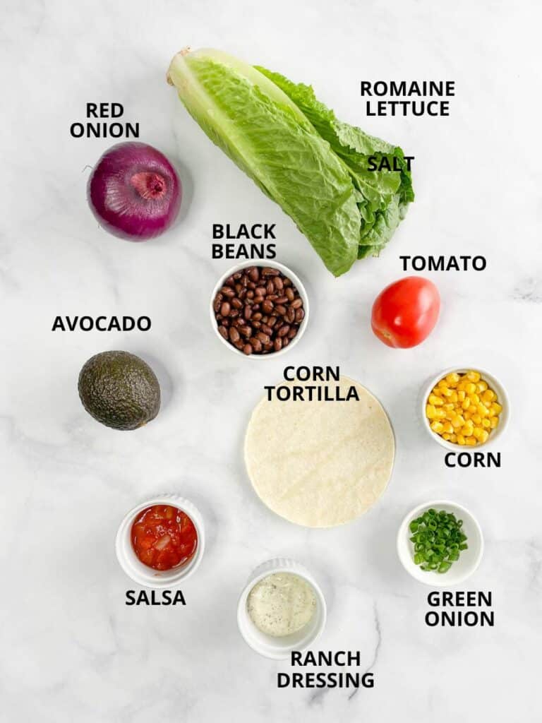 Labeled photo of ingredients for southwest salad.