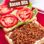 Open-faced BLT with vegan bacon bits, with Pinterest text over it.