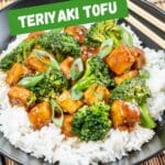 Photo of teriyaki tofu with Pinterest text.