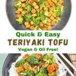 Two images of teriyaki tofu with Pinterest text between them.