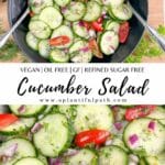 Two images of cucumber salad with Pinterest text between them.
