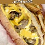 Image of Philly cheesesteak sandwich with Pinterest text.