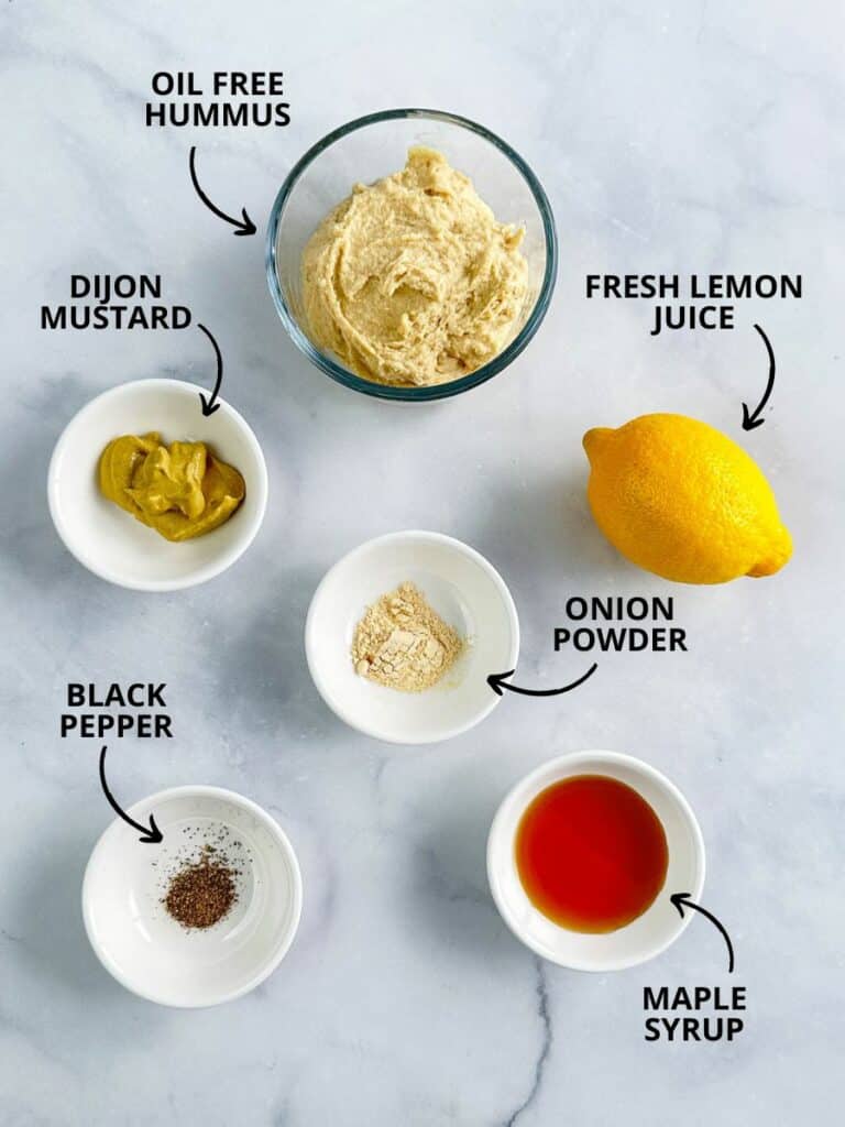 Labeled ingredients for hummus dressing.