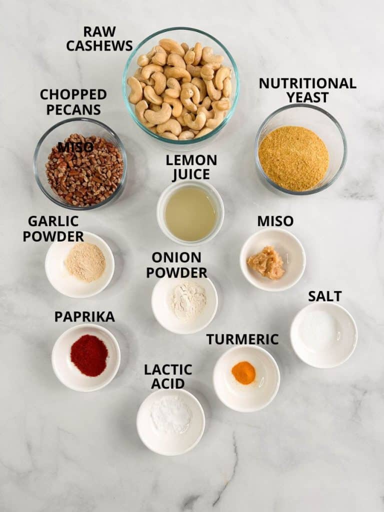 Labeled ingredients for vegan cheese ball.