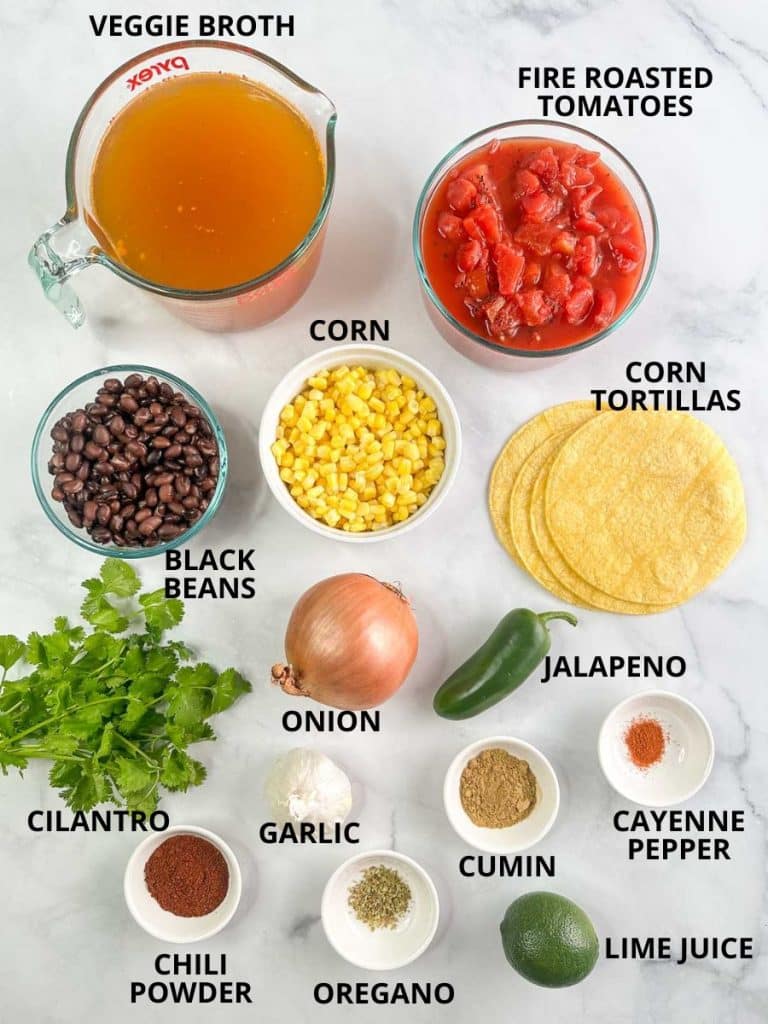 Labeled ingredients for vegan tortilla soup.