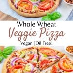 Two images of vegan veggie pizza with Pinterest text between them.